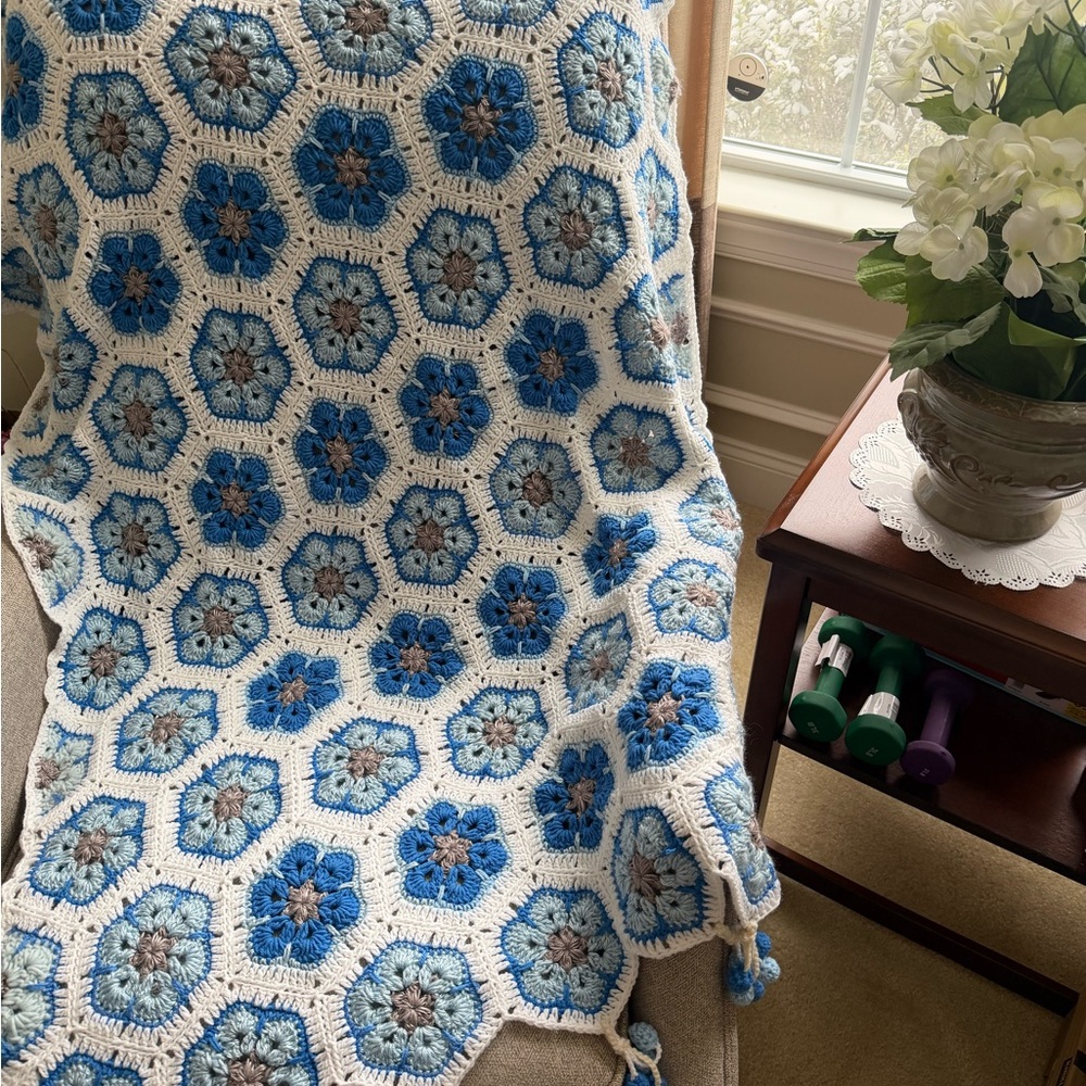 Handcrafted Blue and White Crochet Throw Blanket